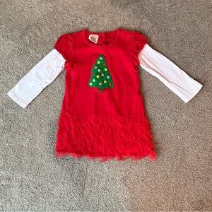 Festive Red Kids Dress with Tree Design